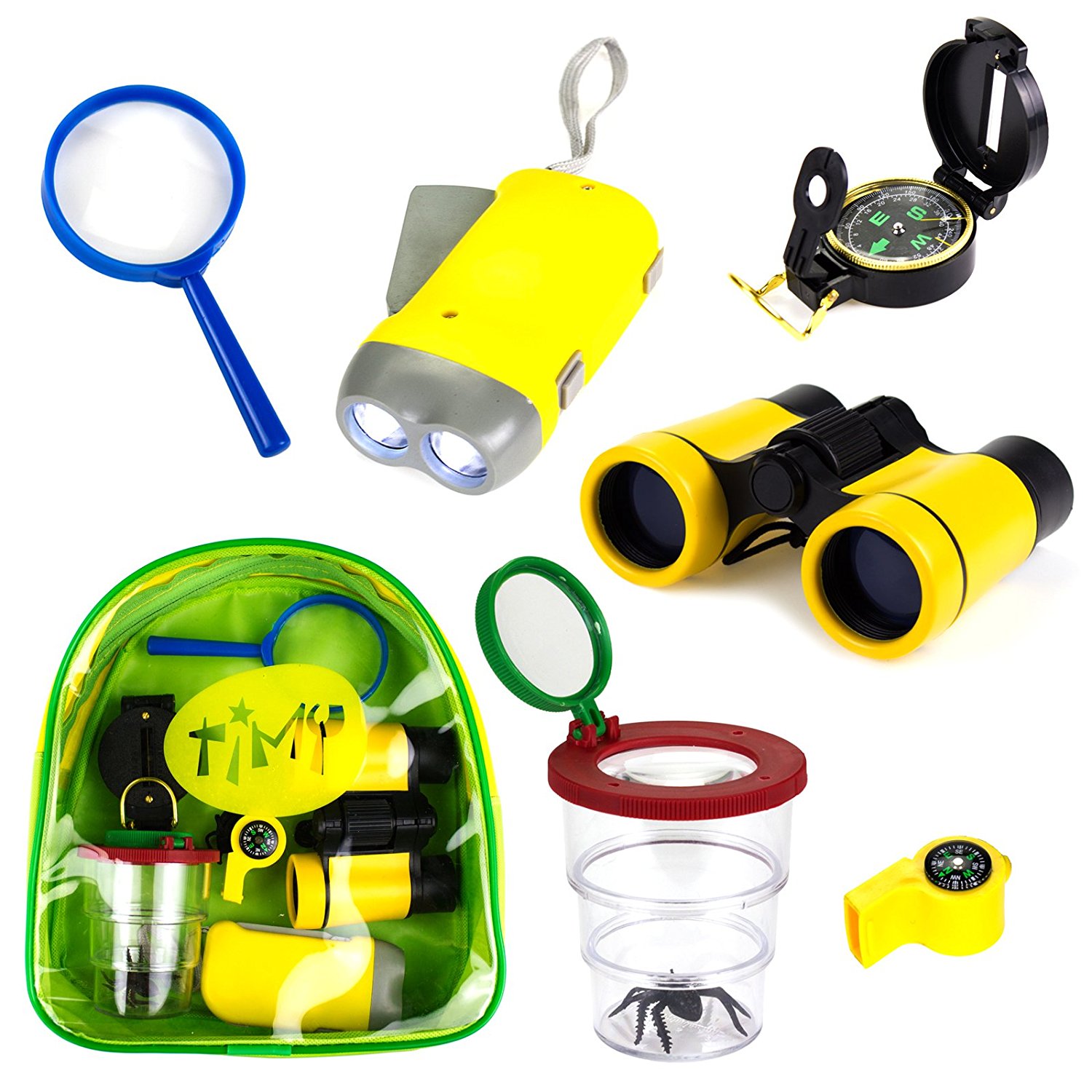 6PCS Kinder Ferngläser Handkurbel Taschenlampe Lupe Whistle und Kordelzug Rucksack Spielzeug Kit für Camping Wandern Mini Kompass VGEBY1 Fernglas Set für Kinder